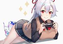 【FGO】JK制服姿で寝そべってゲームをする巴さん！！　巴さん可愛い//////のサムネイル画像